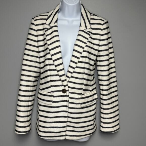 NWT Loft Cream Navy Nautical Light Academia Preppy Striped Blazer Womens Sz 2 - Picture 1 of 5
